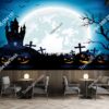Tranh dán tường lâu đài ma quái và mặt trăng bí ngô halloween 416623410