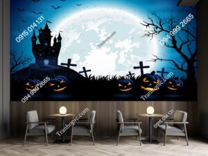 Tranh dán tường lâu đài ma quái và mặt trăng bí ngô halloween 416623410