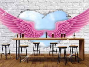 Tranh đôi cánh thiên thần hồng nền gạch trắng dán tường PK2107223