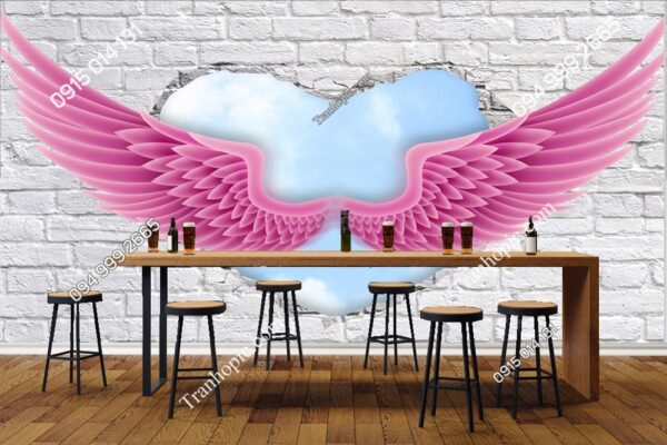 Tranh đôi cánh thiên thần hồng nền gạch trắng dán tường PK2107223