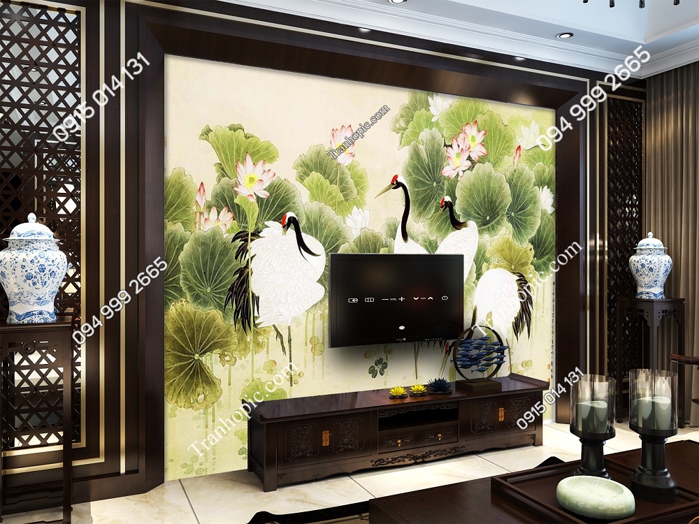 Tranh hoa sen và chim hạc dán tường phòng khách PT264
