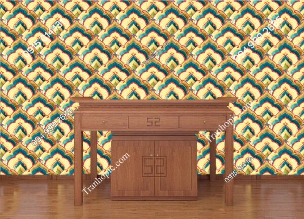 Tranh họa tiết phật giáo vàng xanh dán tường phòng thờ 3D195