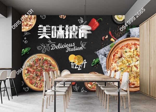 Tranh pizza delicious dán tường nền đen đẹp PK0919931