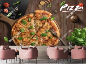 Tranh quán ăn nhà hàng pizza phương tây nền gỗ đẹp PK017559