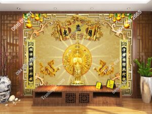 Tranh thờ dán tường phật bà nghìn măt nghìn tay vàng TPT018