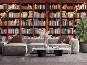 Tranh tủ sách gỗ nâu 3D dán tường sau sofa 296039254