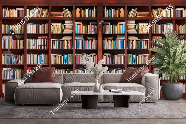 Tranh tủ sách gỗ nâu 3D dán tường sau sofa 296039254
