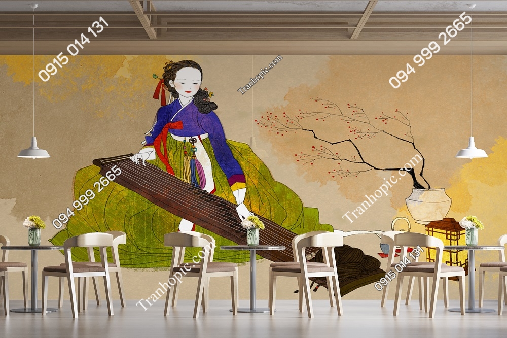 Tranh cô gái đánh đàn dán tường quán ăn Hàn Quốc 289213033