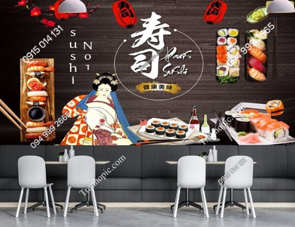 Tranh dán tường Nhật bản cho quán sushi với cô gái 31826