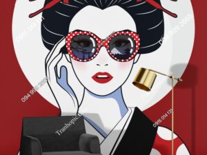 Tranh dán tường chân dung cô gái Nhật Bản xinh đẹp đeo kính trong bộ kimono 2767866637