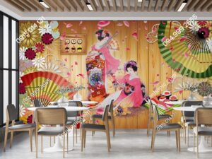 Tranh dán tường cô gái kimono và quạt Nhật Bản DM26229440