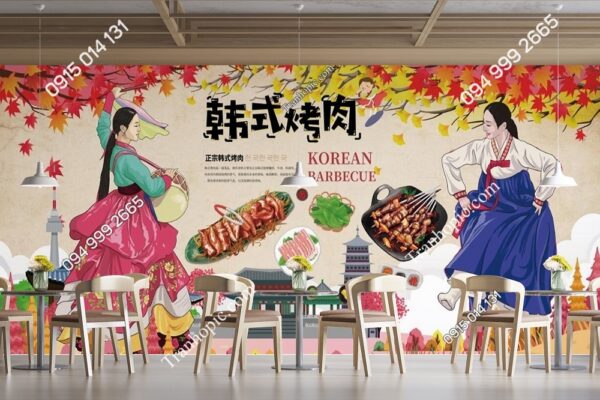 Tranh dán tường quán ăn hàn quốc cô gái mặc hanbok 30220819144443862104
