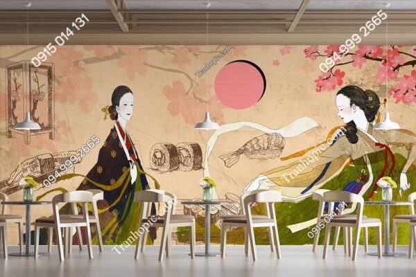 Tranh dán tường thiếu nữ trang phục truyền thống Hàn Quốc và các món ăn 289215886
