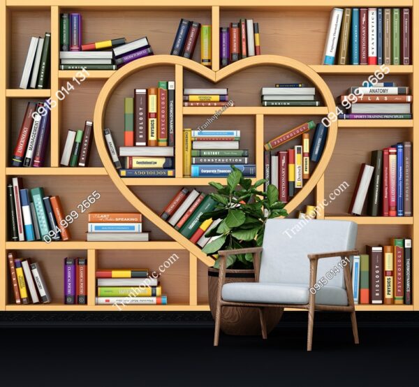 Tranh tủ sách gỗ 3D hình trái tim dán tường 470175313