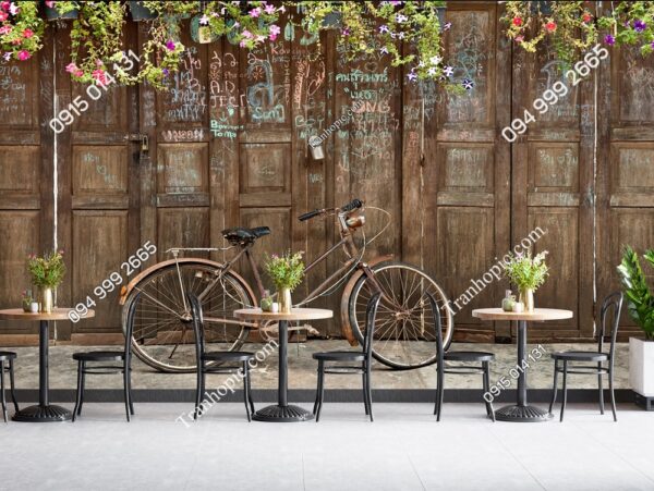 Tranh xe đạp và cửa gỗ cũ dán tường quán cafe 87137691