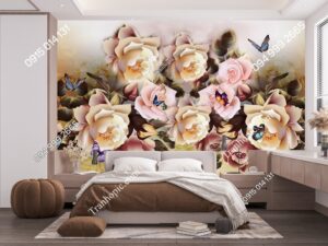Tranh dán tường hoa hồng và bướm bay 3D PK2165907