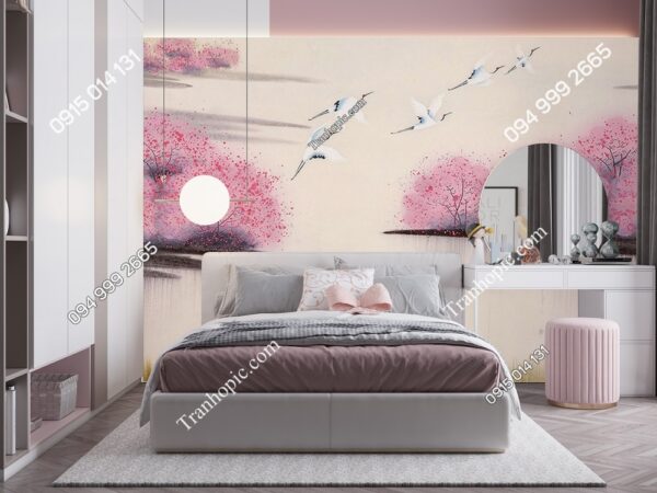Tranh dán tường hoa và chim hạc trắng nền hồng đẹp PK2002031