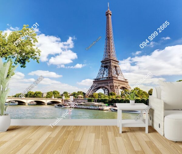 Tranh dán tường tháp Eiffel Paris Pháp cạnh sông Seine và bầu trời xanh 267523138