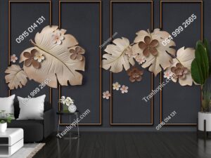 Tranh hoa lá 3D và khung viền hiện đại nền tối màu PK2084457