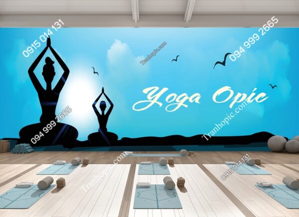 Tranh tường phòng tập Yoga nền xanh dương 2990046181