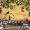 Tranh tường quán cafe nền be với hoa hồng và xe đạp 52537
