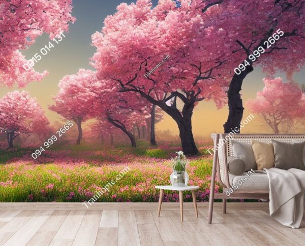 Tranh vườn hoa anh đào đẹp 3D dán tường 3196397858