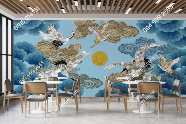 Tranh chim hạc xanh kiểu Nhật 3D dán tường GMD34201701