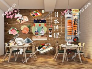 Tranh dán tường 3D quán ăn sushi Nhật Bản 64866