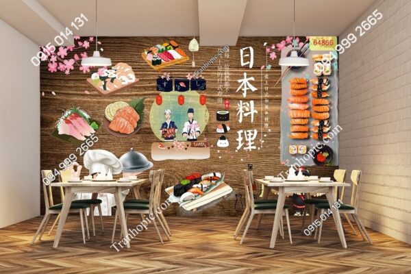 Tranh dán tường 3D quán ăn sushi Nhật Bản 64866