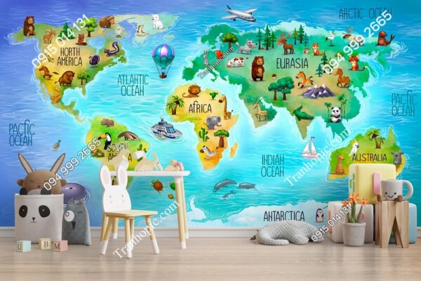 Tranh dán tường bản đồ thế giới của trẻ em với hệ động vật đại lục 2706213549