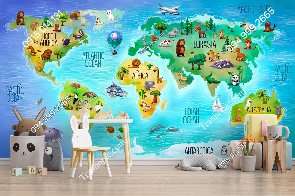 Tranh dán tường bản đồ thế giới của trẻ em với hệ động vật đại lục 2706213549