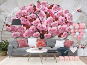 Tranh dán tường cây hoa anh đào hồng 3D đẹp PK855700