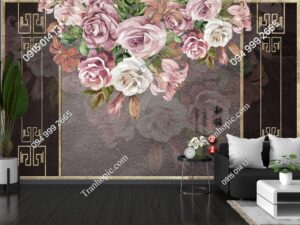 Tranh hoa hồng dán tường kiểu châu âu cổ điển nền nâu PK2292573