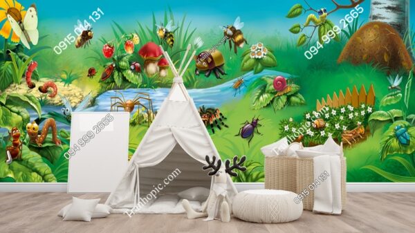 Tranh tường dán phòng cho bé với côn trùng trên đồng cỏ 746242926