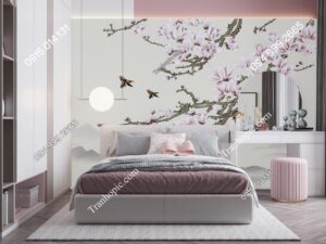 Tranh dán tường hoa mộc lan và chim trang trí phòng ngủ PK_7407531