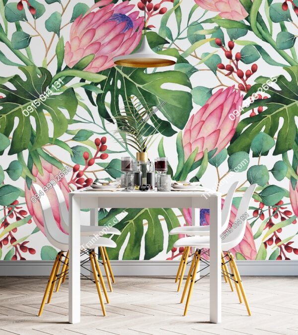 Tranh dán tường họa tiết hoa Protea và lá bạch đàn nhiệt đới 829420749
