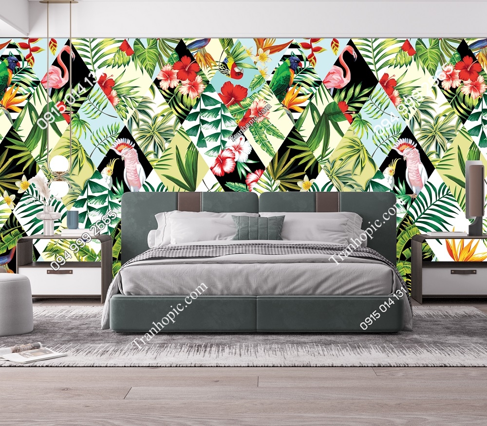 Tranh chim vẹt hồng hạc và lá cây nhiệt đới dán tường phòng ngủ 403824982