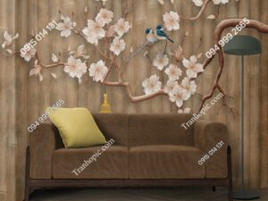 Tranh dán tường chim và hoa nền tre nâu vintage 2570089278