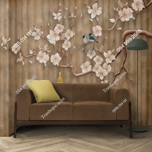 Tranh dán tường chim và hoa nền tre nâu vintage 2570089278