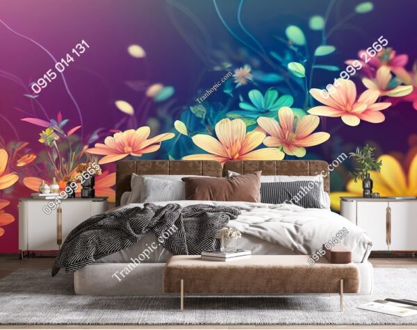 Tranh lụa hoa 3D dán tường phòng ngủ hiện đại 3196397808