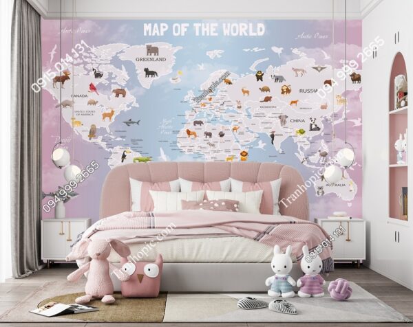 Tranh bản đồ dán tường nền hồng và con vật đáng yêu 2709375447