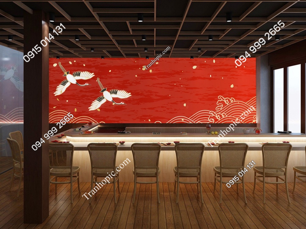 Tranh dán tường chim hạc sóng vàng nền đỏ kiểu Nhật 837228429