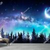 Tranh rừng đêm và dải ngân hà trăng sao dán tường 2042821035