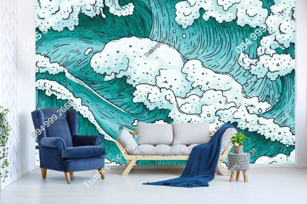 Tranh sóng biển xanh tung bọt dán tường kiểu hoạt hình 2554786909