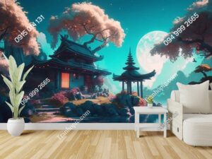 Tranh dán tường Ngôi đền tưởng tượng của Nhật Bản trên nền đêm trăng tròn ADB677265460