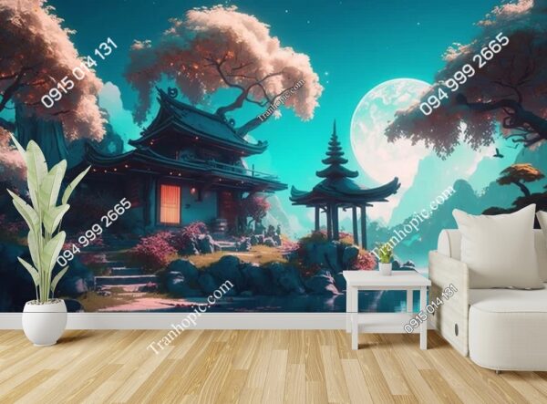 Tranh dán tường Ngôi đền tưởng tượng của Nhật Bản trên nền đêm trăng tròn ADB677265460