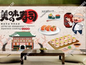 Tranh dán tường Nhà Hàng Sushi Ngon kiểu Nhật với đầu bếp hói đáng yêu PK_2590378