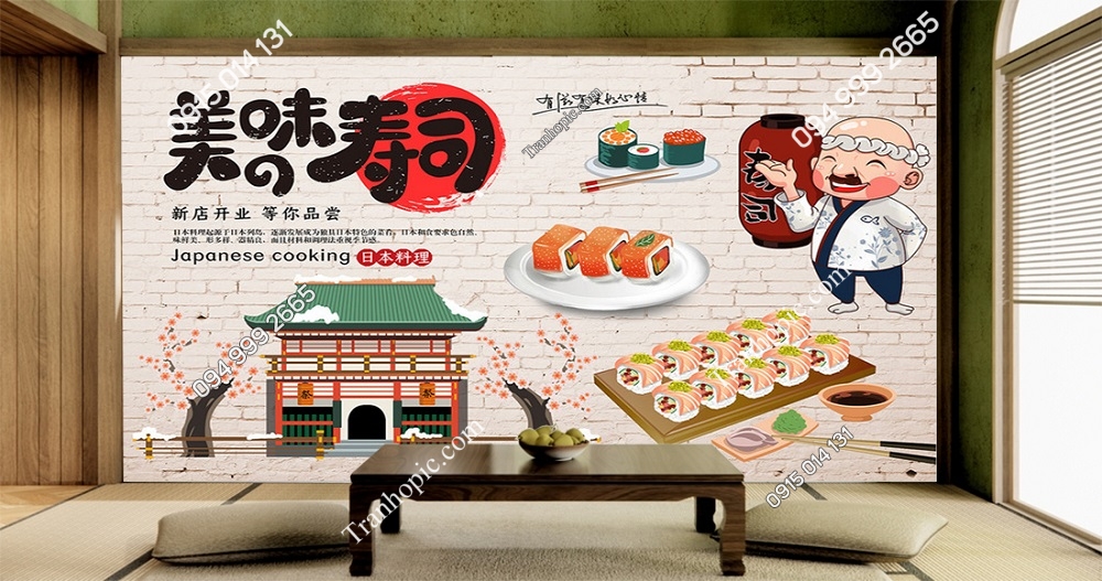 Tranh dán tường Nhà Hàng Sushi Ngon kiểu Nhật với đầu bếp hói đáng yêu PK_2590378