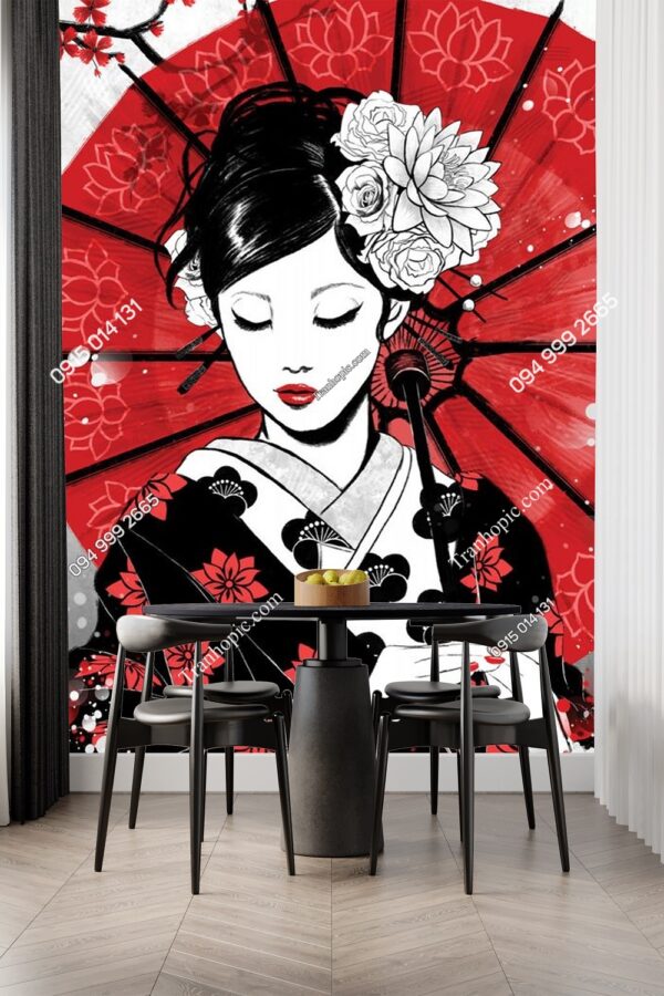Tranh dán tường cô gái Geisha xinh đẹp Nhật bản khổ dọc OP3339302023