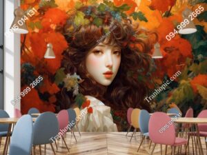 Tranh dán tường cô gái đẹp màu sắc dán quán cafe vẽ bở AI ADB707434204